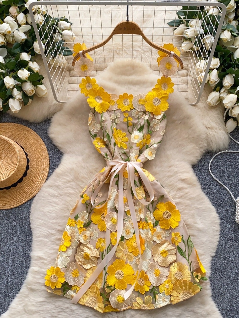 Yellow Floral Embroidered Mini Dress with Cream Accents